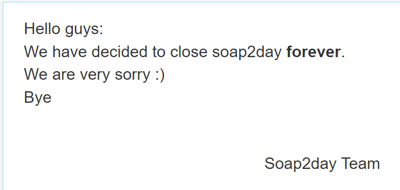 Soap Today: Image of Soap2day website, showing last message